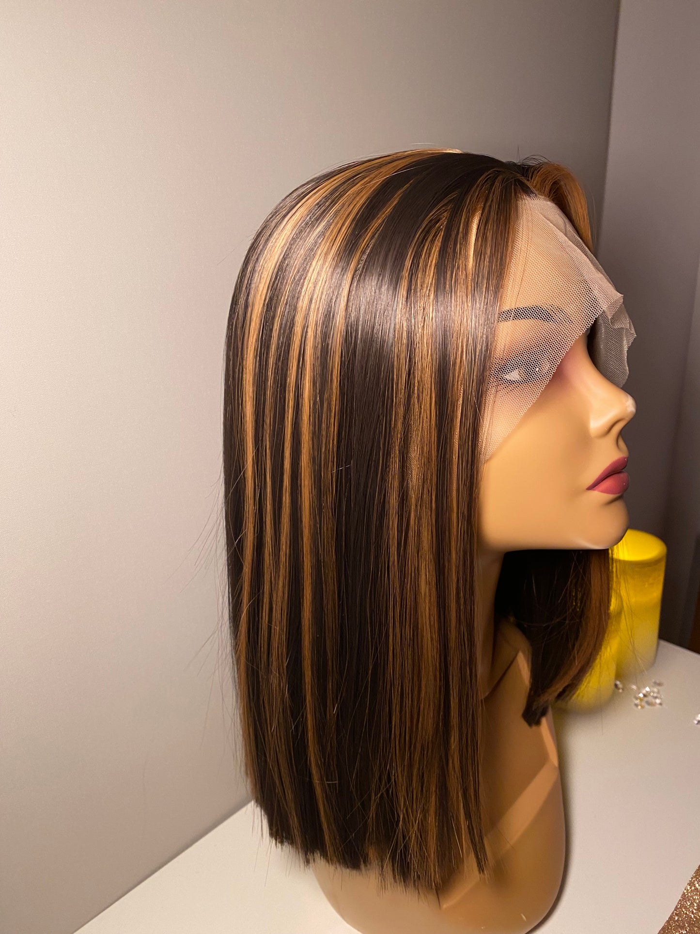 Academe | 14" Honey Brown Highlight Lace Frontal Synthetic Wig