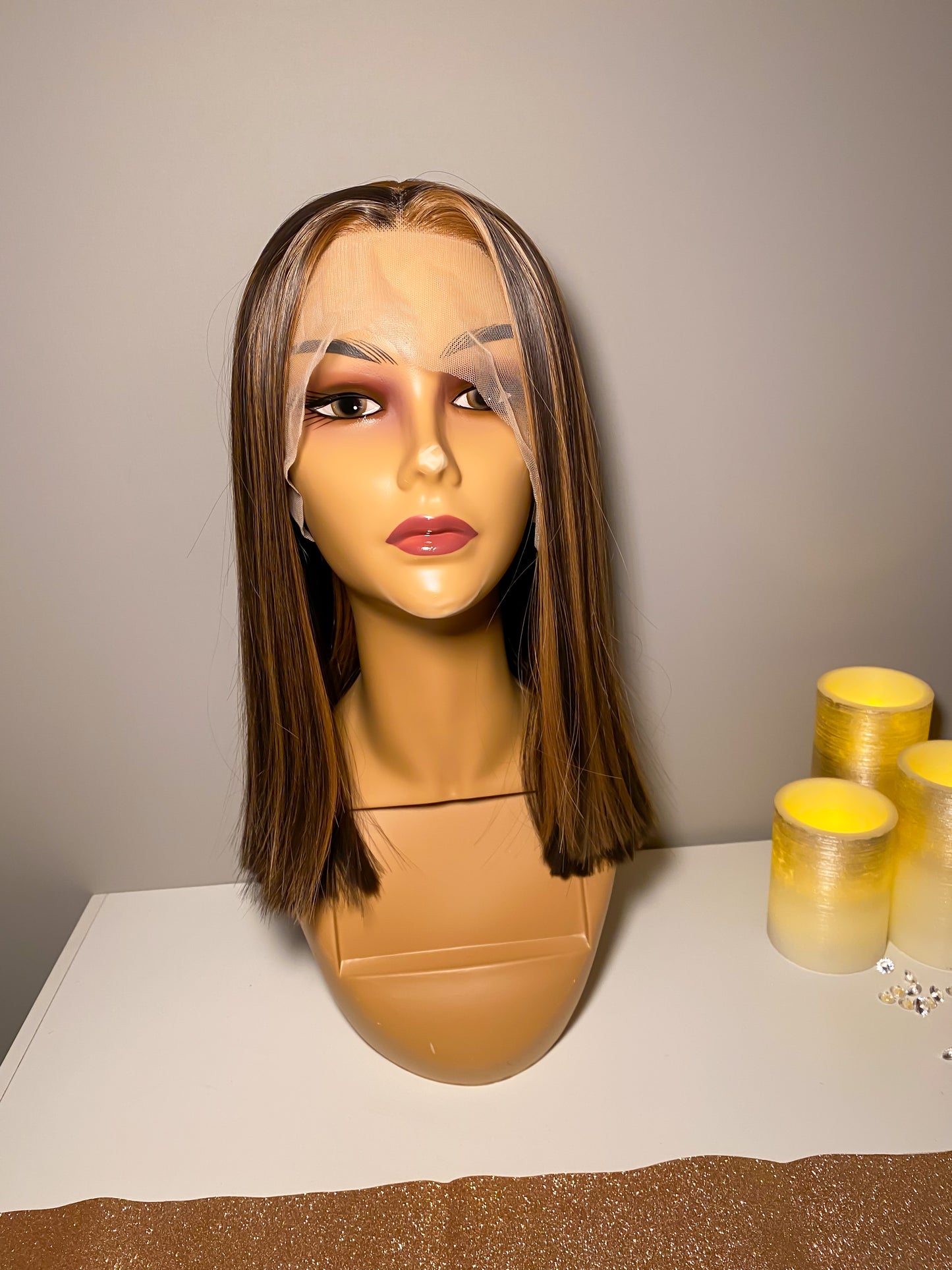 Academe | 14" Honey Brown Highlight Lace Frontal Synthetic Wig